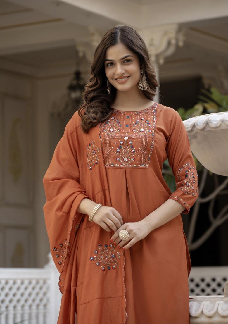 Rust Sequin Work Silk Kurta Set - Indya