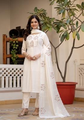 White Sequin Work Silk Kurta Set