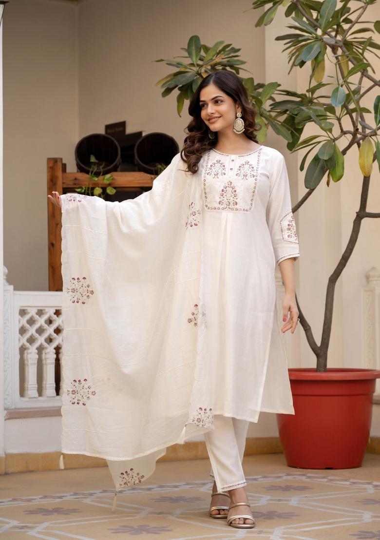 White Sequin Work Silk Kurta Set - Indya