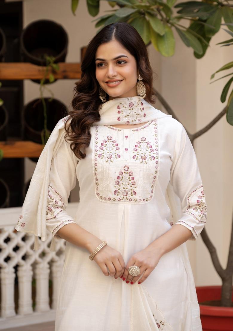 White Sequin Work Silk Kurta Set - Indya