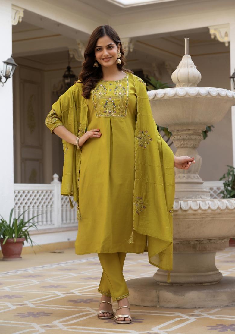 Yellow Sequin Work Silk Kurta Set - Indya