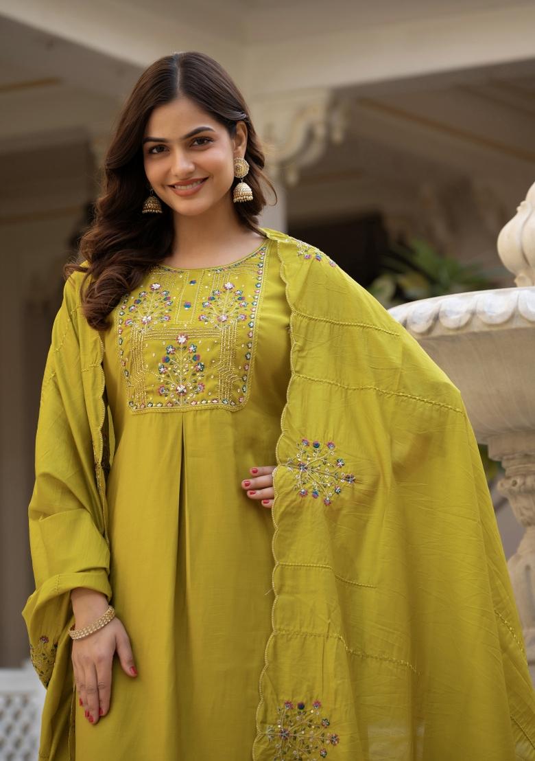 Yellow Sequin Work Silk Kurta Set - Indya