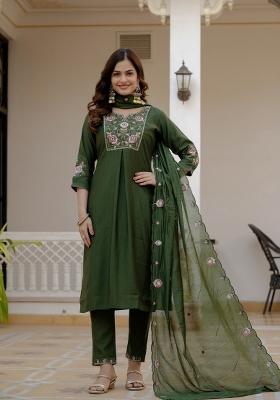 Green Sequin Work Silk Kurta Set