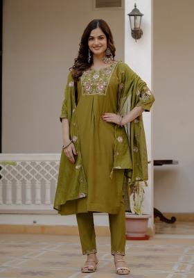 Mehendi Green Sequin Work Silk Kurta Set