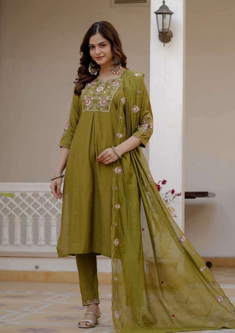 Mehendi Green Sequin Work Silk Kurta Set - Indya
