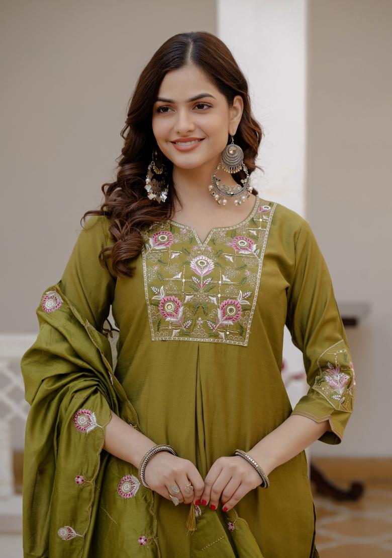 Mehendi Green Sequin Work Silk Kurta Set - Indya