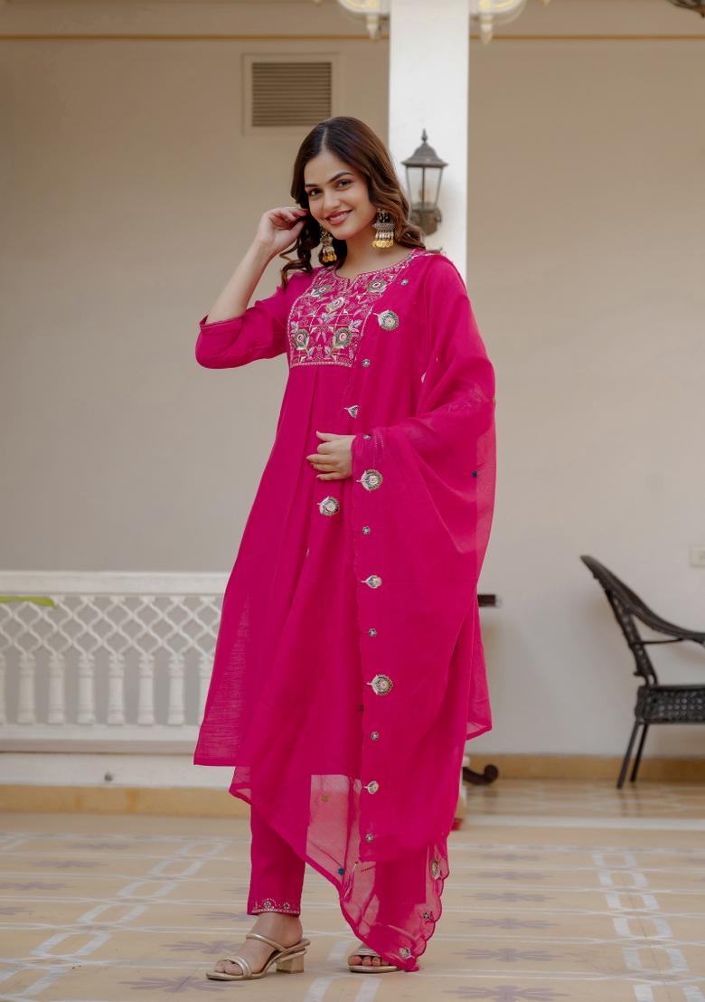 Pink Sequin Work Silk Kurta Set - Indya
