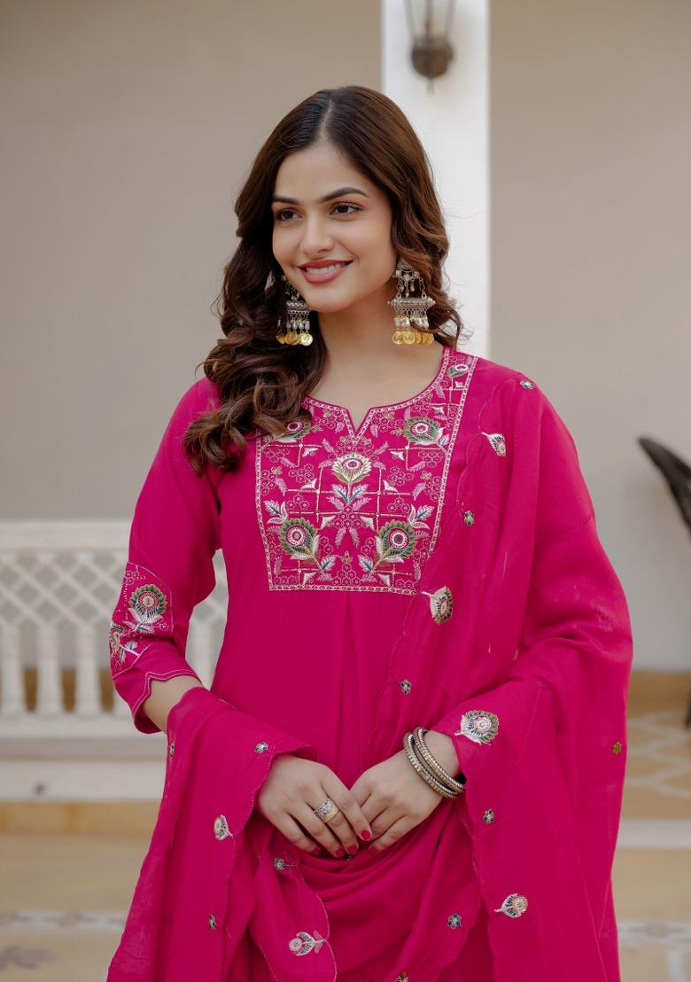 Pink Sequin Work Silk Kurta Set - Indya