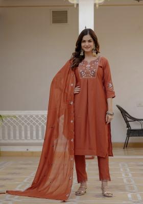 Rust Sequin Work Silk Kurta Set