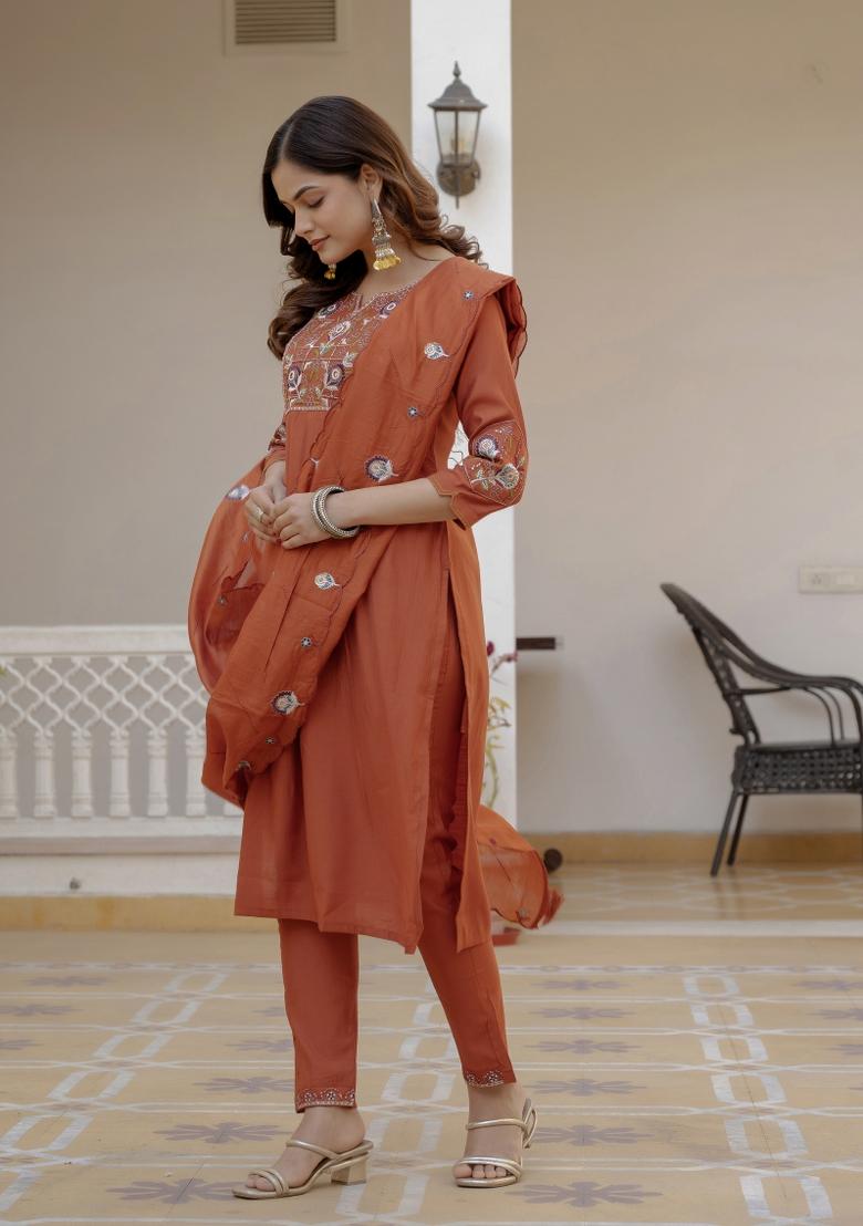 Rust Sequin Work Silk Kurta Set - Indya