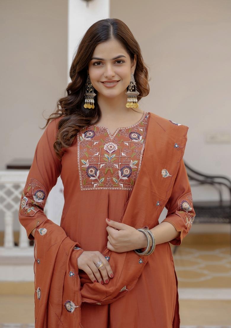 Rust Sequin Work Silk Kurta Set - Indya