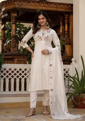 White Sequin Work Silk Kurta Set