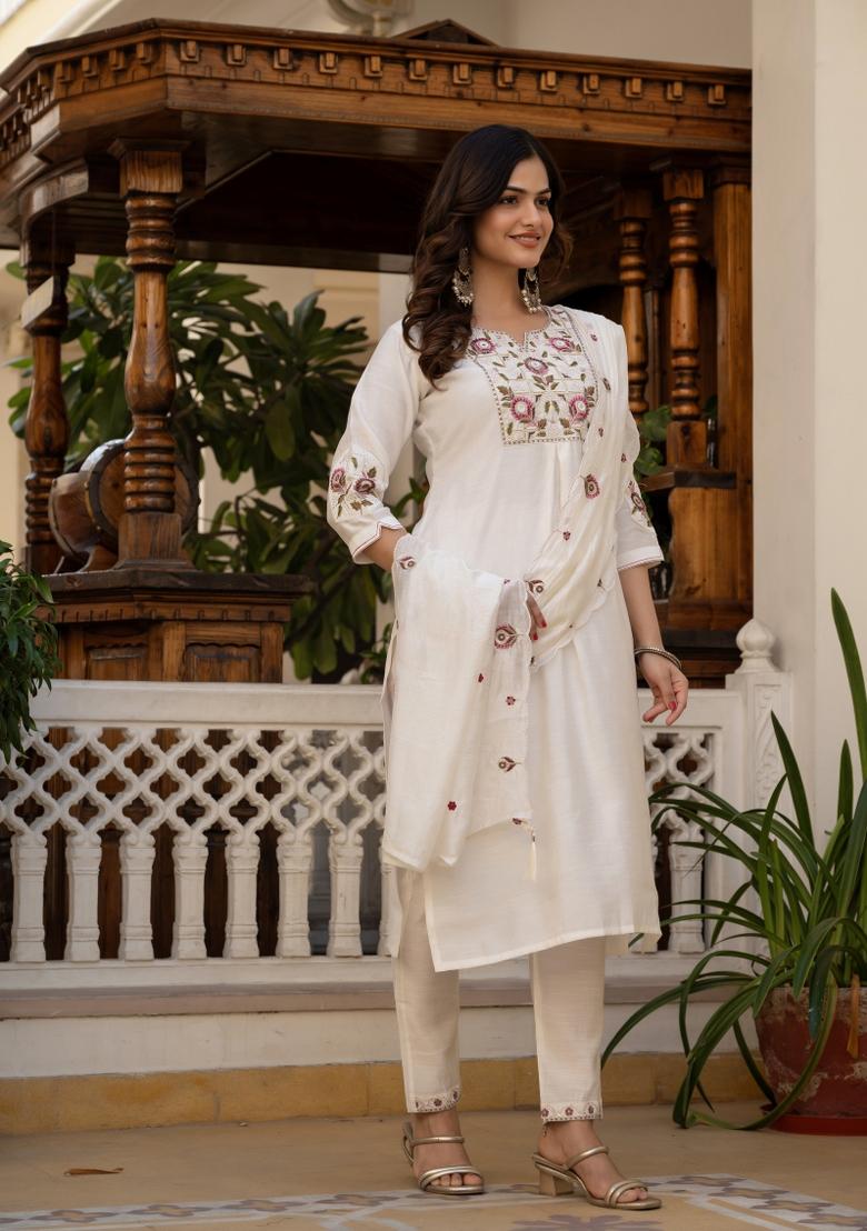 White Sequin Work Silk Kurta Set - Indya