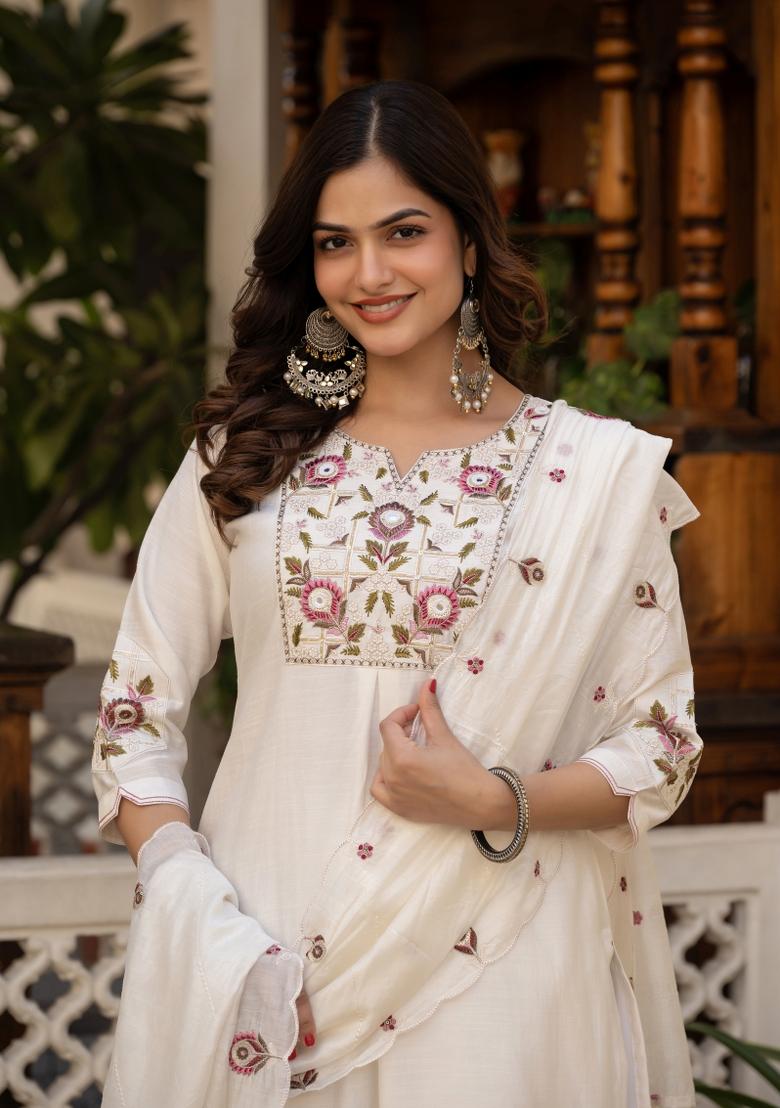 White Sequin Work Silk Kurta Set - Indya