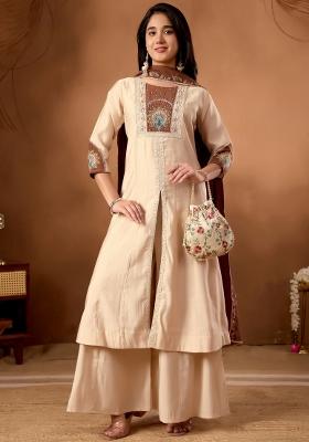 Cream Embroidered Silk Kurta Set