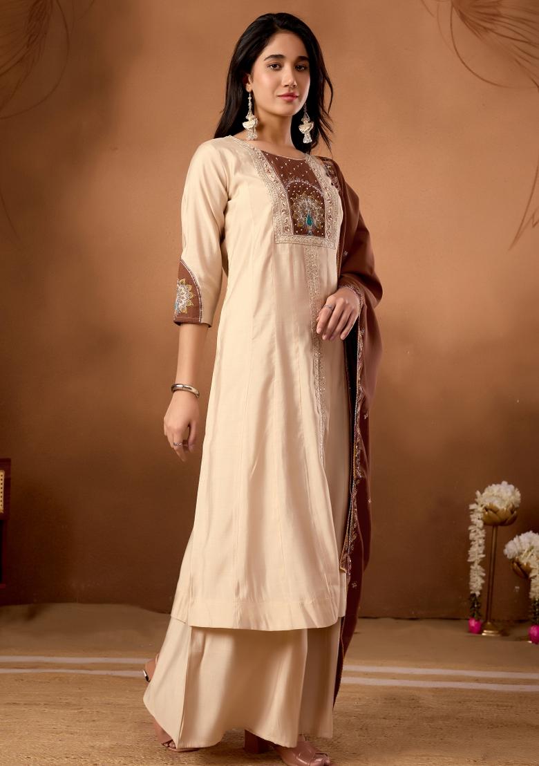 Cream Embroidered Silk Kurta Set - Indya