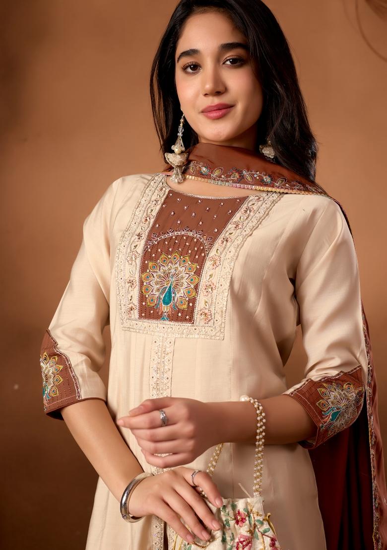 Cream Embroidered Silk Kurta Set - Indya