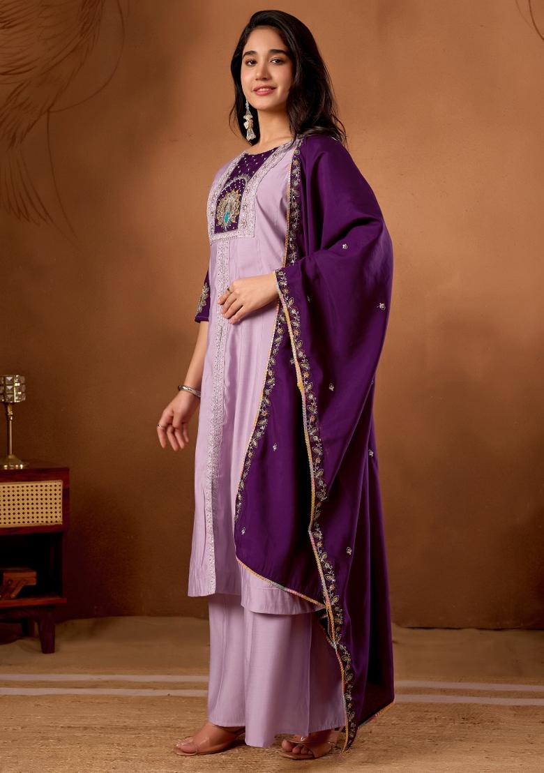 Light Lavender Embroidered Silk Kurta Set - Indya
