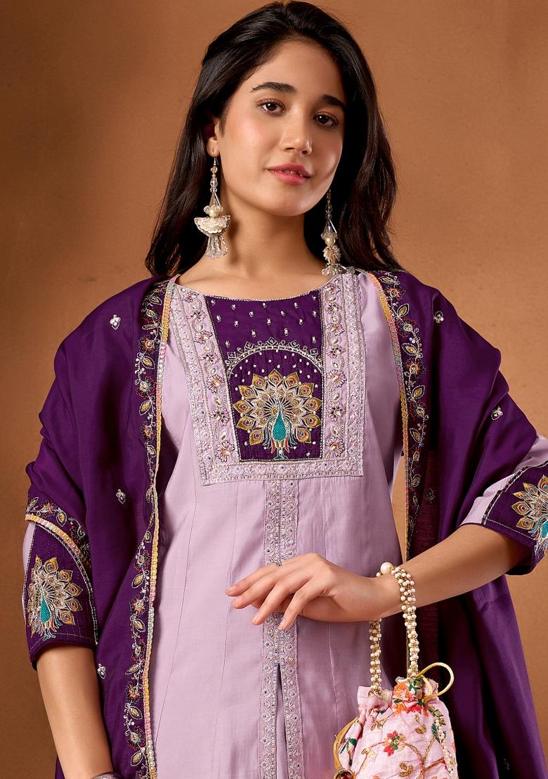 Light Lavender Embroidered Silk Kurta Set - Indya