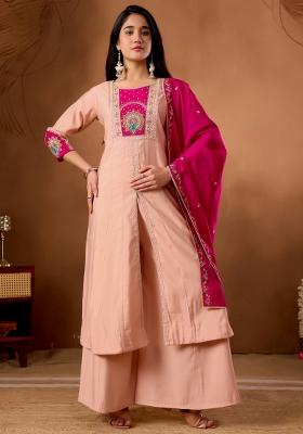 Peach Embroidered Silk Kurta Set