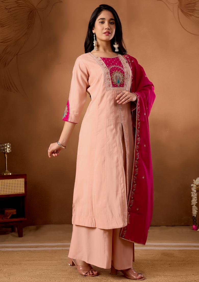 Peach Embroidered Silk Kurta Set - Indya