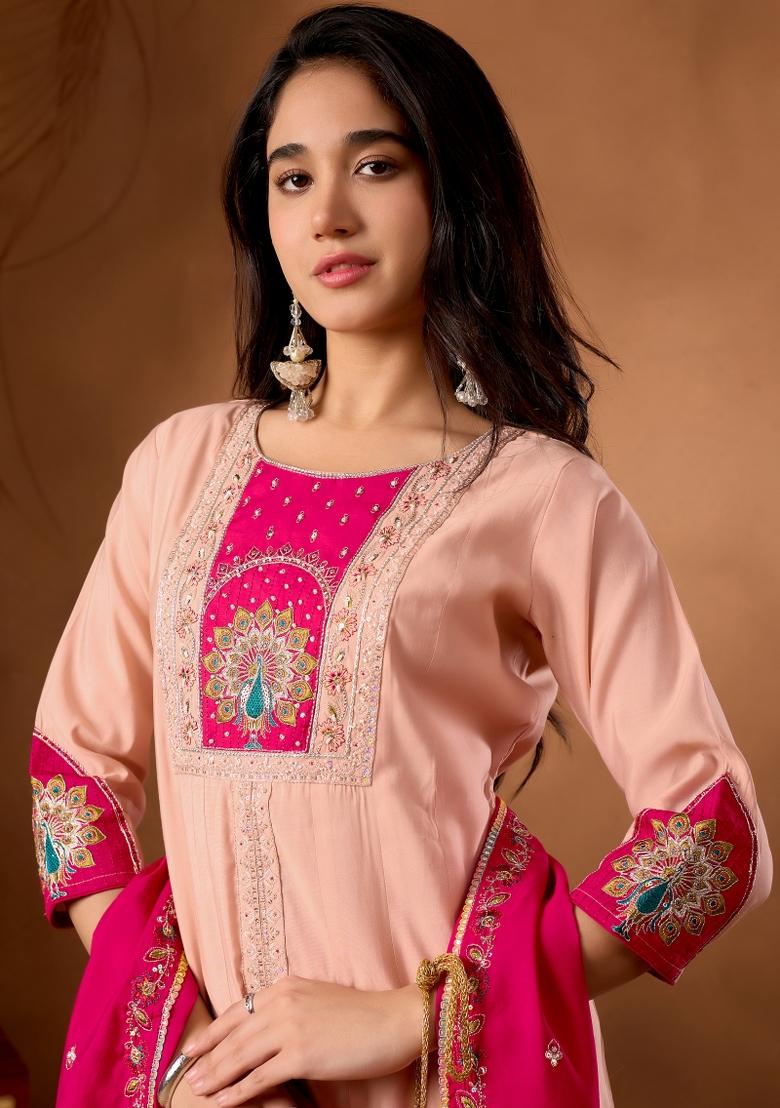 Peach Embroidered Silk Kurta Set - Indya