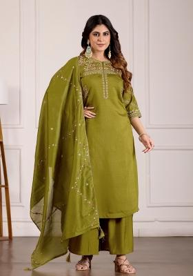 Mehendi Green Embroidered Silk Kurta Set