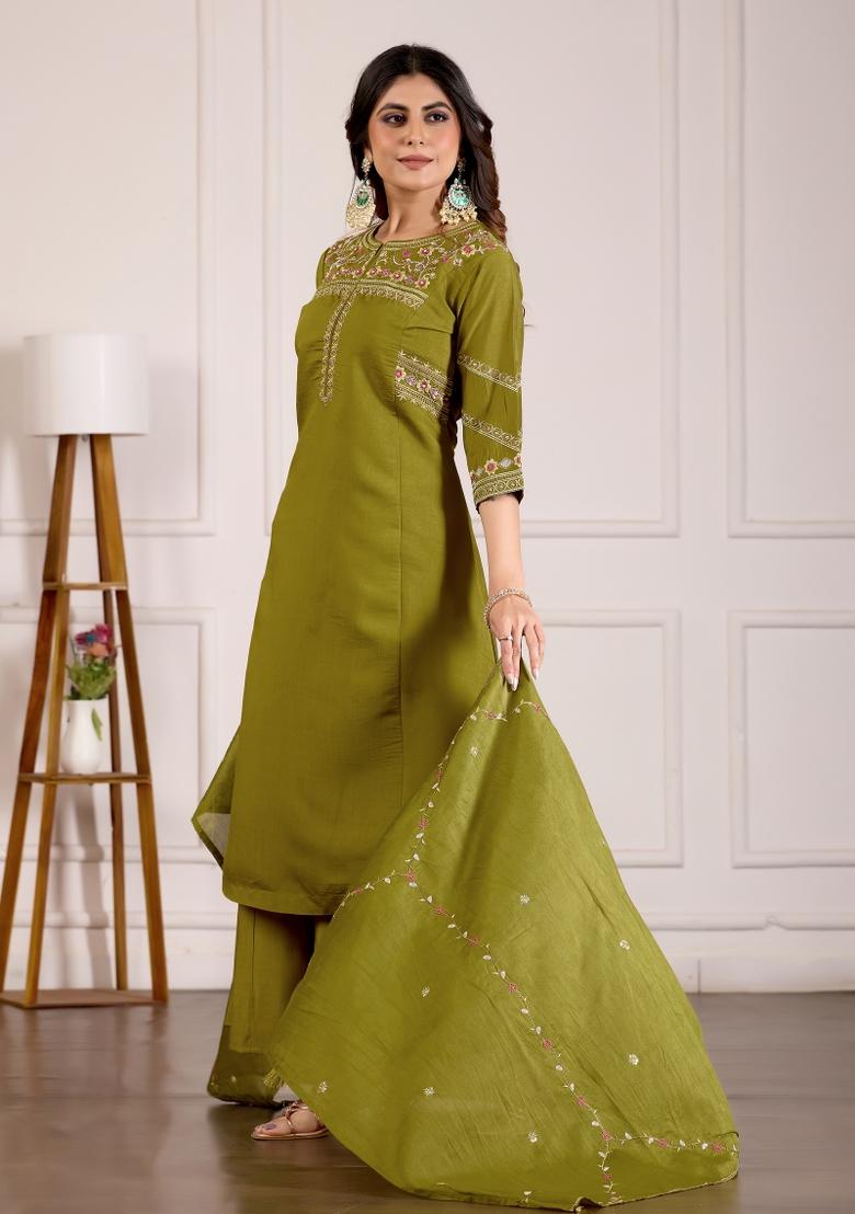 Mehendi Green Embroidered Silk Kurta Set - Indya