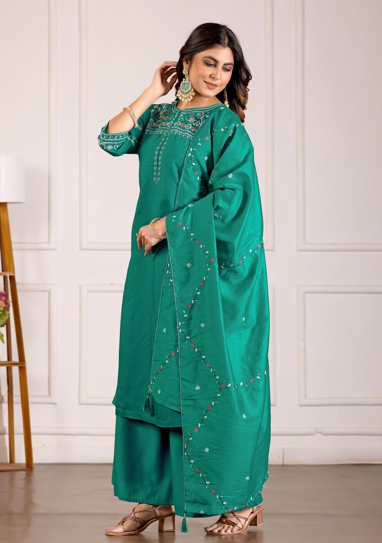 Rama Green Embroidered Silk Kurta Set - Indya