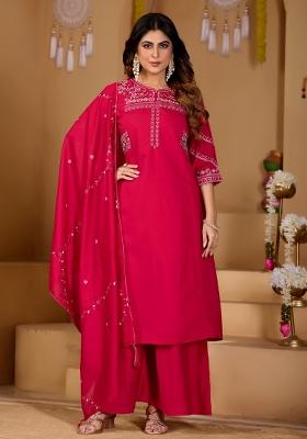 Rani Pink Embroidered Silk Kurta Set