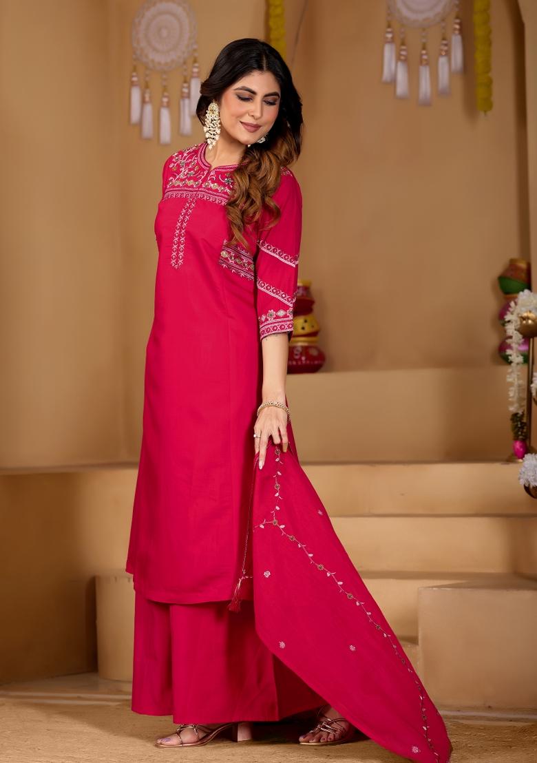 Rani Pink Embroidered Silk Kurta Set - Indya