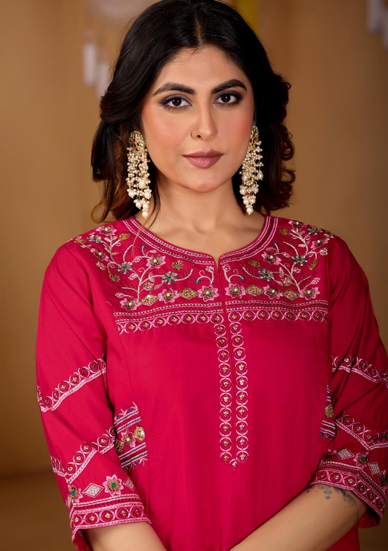 Rani Pink Embroidered Silk Kurta Set - Indya