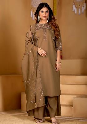 Rust Embroidered Silk Kurta Set
