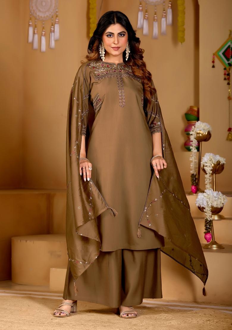 Rust Embroidered Silk Kurta Set - Indya
