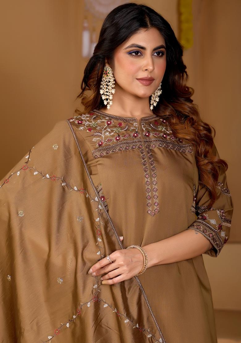 Rust Embroidered Silk Kurta Set - Indya