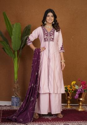 Baby Pink Embroidered Silk Kurta Set