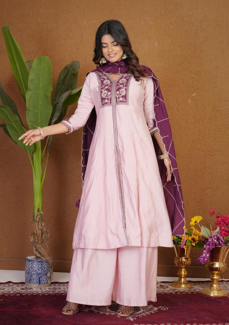 Baby Pink Embroidered Silk Kurta Set - Indya
