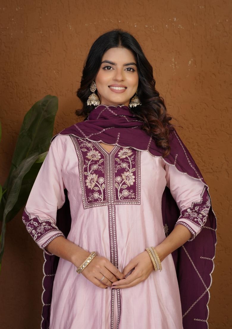 Baby Pink Embroidered Silk Kurta Set - Indya