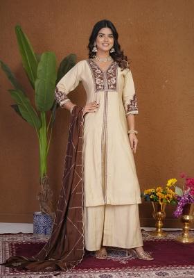 Cream Embroidered Silk Kurta Set