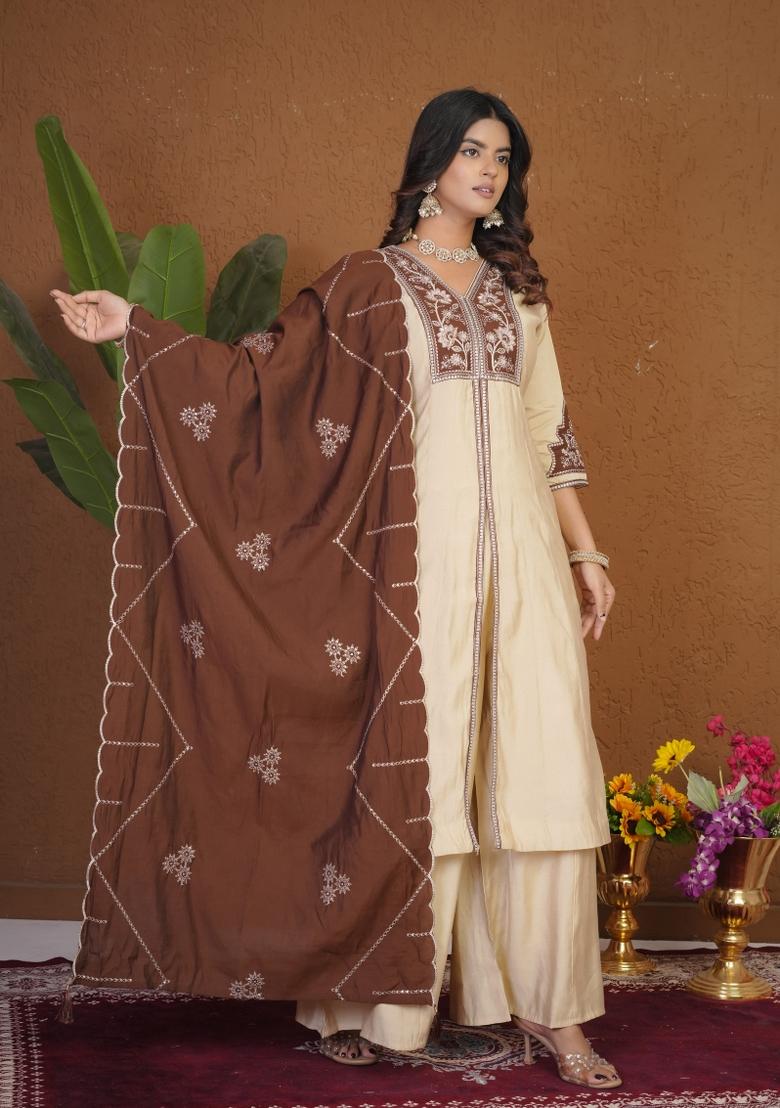 Cream Embroidered Silk Kurta Set - Indya