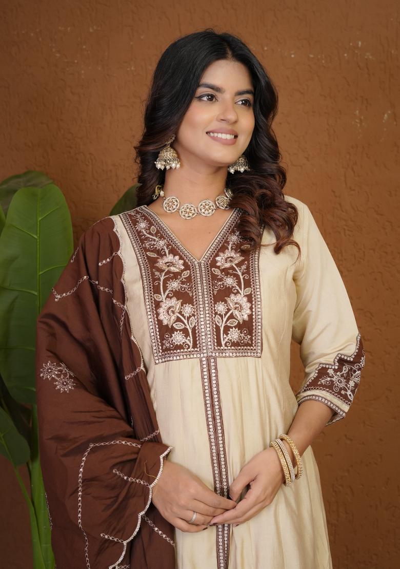 Cream Embroidered Silk Kurta Set - Indya
