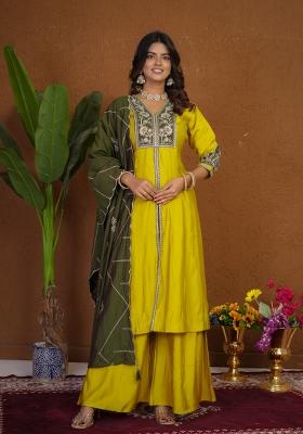 Mustard Embroidered Silk Kurta Set