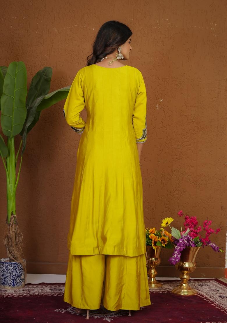 Mustard Embroidered Silk Kurta Set - Indya