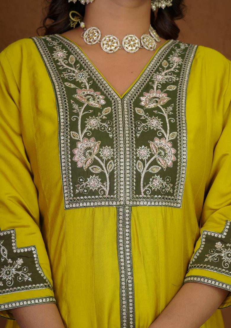 Mustard Embroidered Silk Kurta Set - Indya
