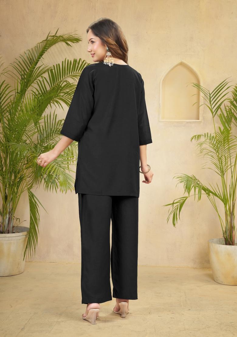 Black Embroidered Rayon Co Ords Set - Indya