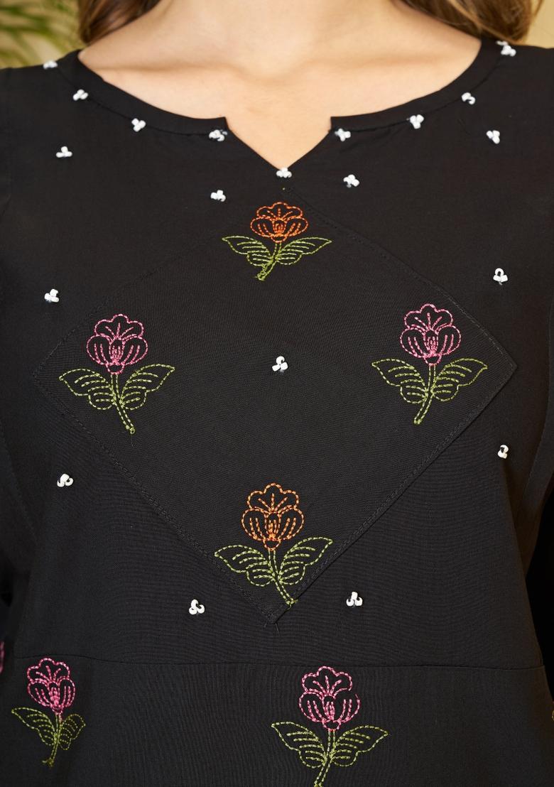 Black Embroidered Rayon Co Ords Set - Indya