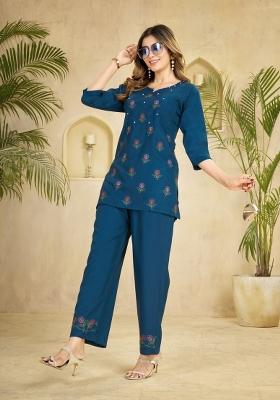 Blue Embroidered Rayon Co Ords Set