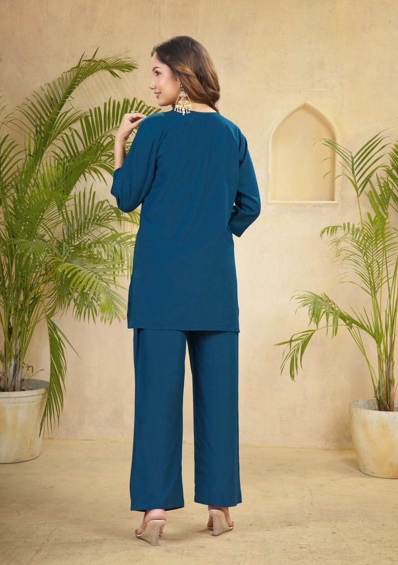 Blue Embroidered Rayon Co Ords Set - Indya