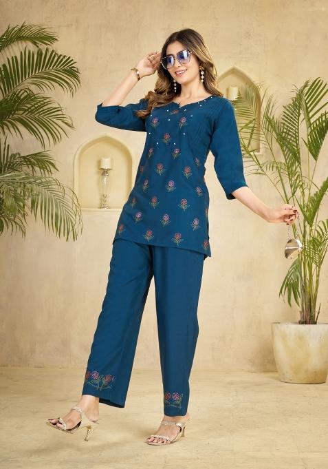Blue Embroidered Rayon Co Ords Set