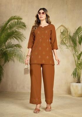 Coffee Embroidered Rayon Co Ords Set